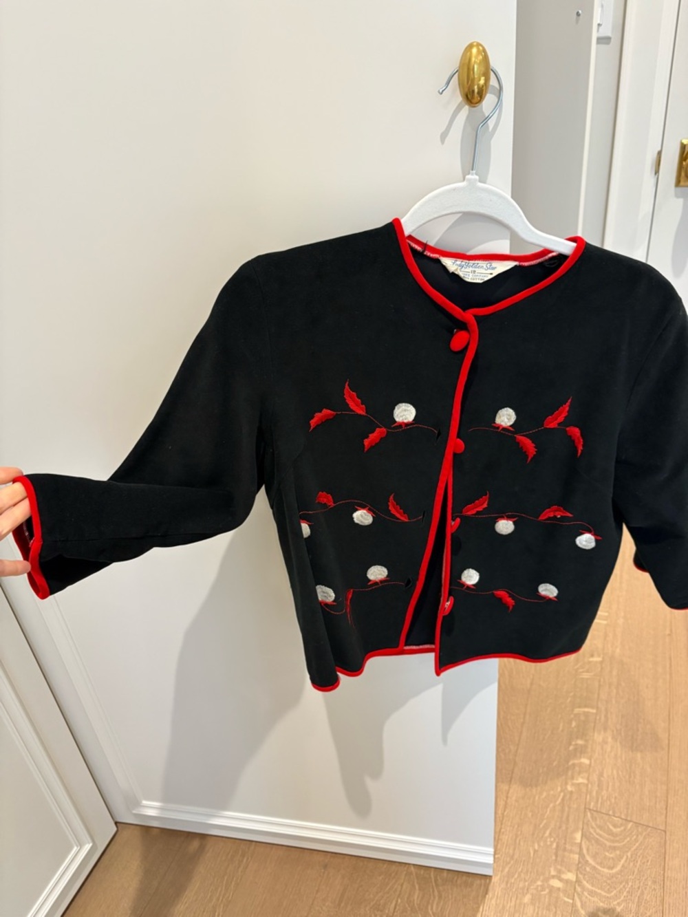 Black Cropped Cardigan with Red Trim and Embroidered Buttons